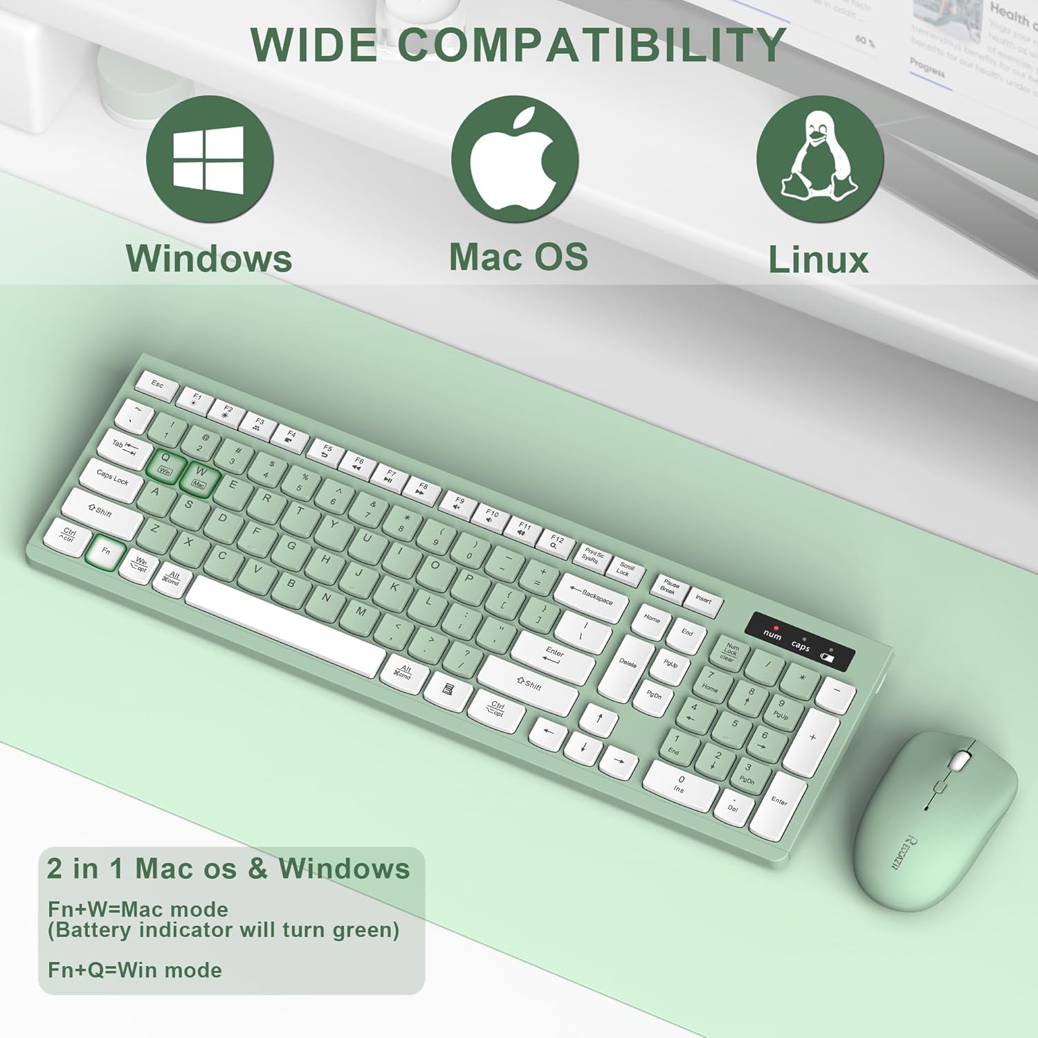 Wireless Keyboard and Mouse Combo, 2.4G Full Size Silent Keyboard with Fn Multimedia Keys for Office and Home, 3-Level DPI Adjustable Quiet Mouse for Windows,Mac OS Desktop/Laptop/PC(Avocado Green) - Image 4