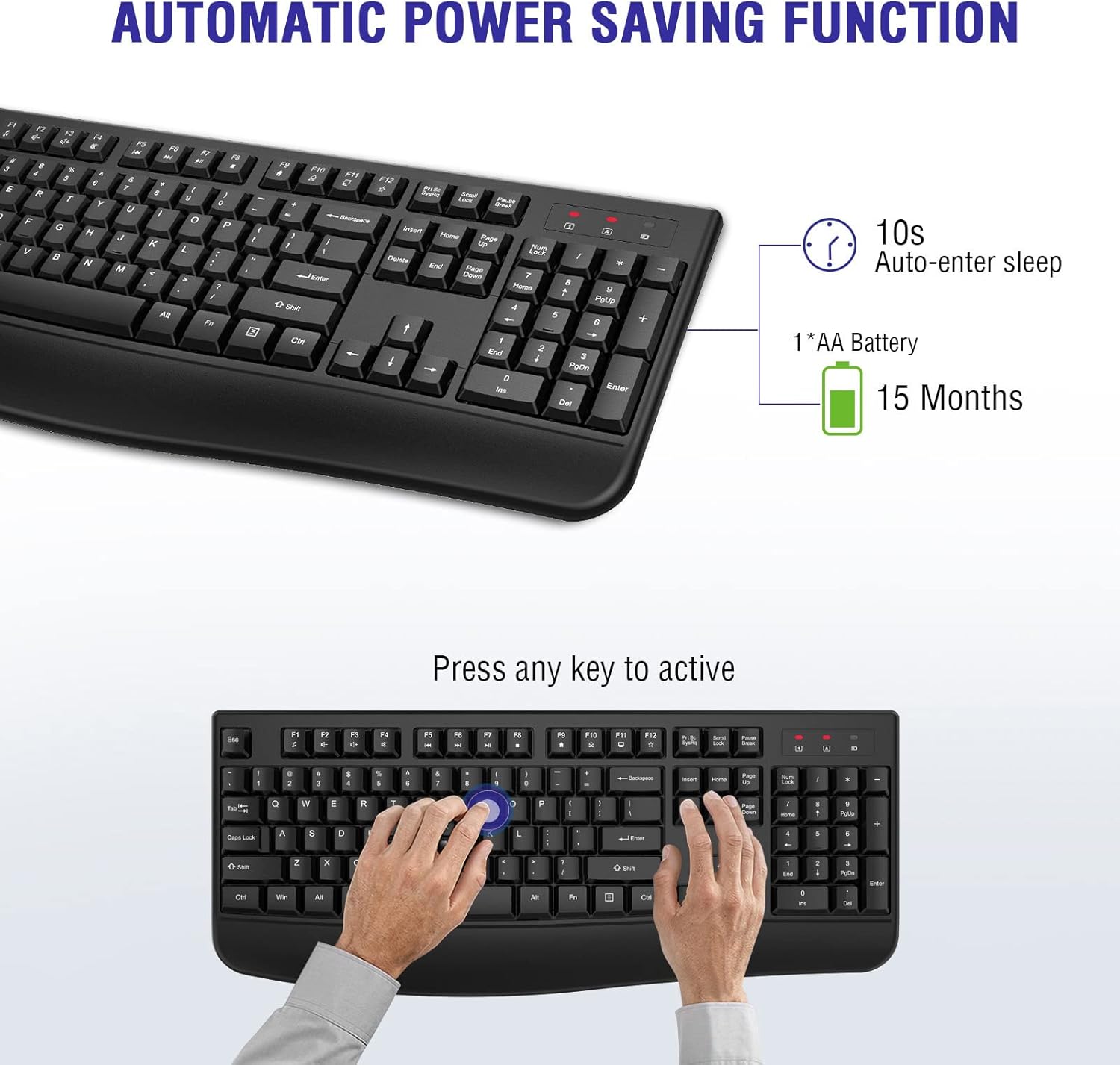 QUASIO Wireless Keyboard, 2.4G Full-Sized Ergonomic Wireless Computer Keyboard with Wrist Rest for Windows, Mac OS Laptop/PC/Desktop/Notebook(Black) - Image 4