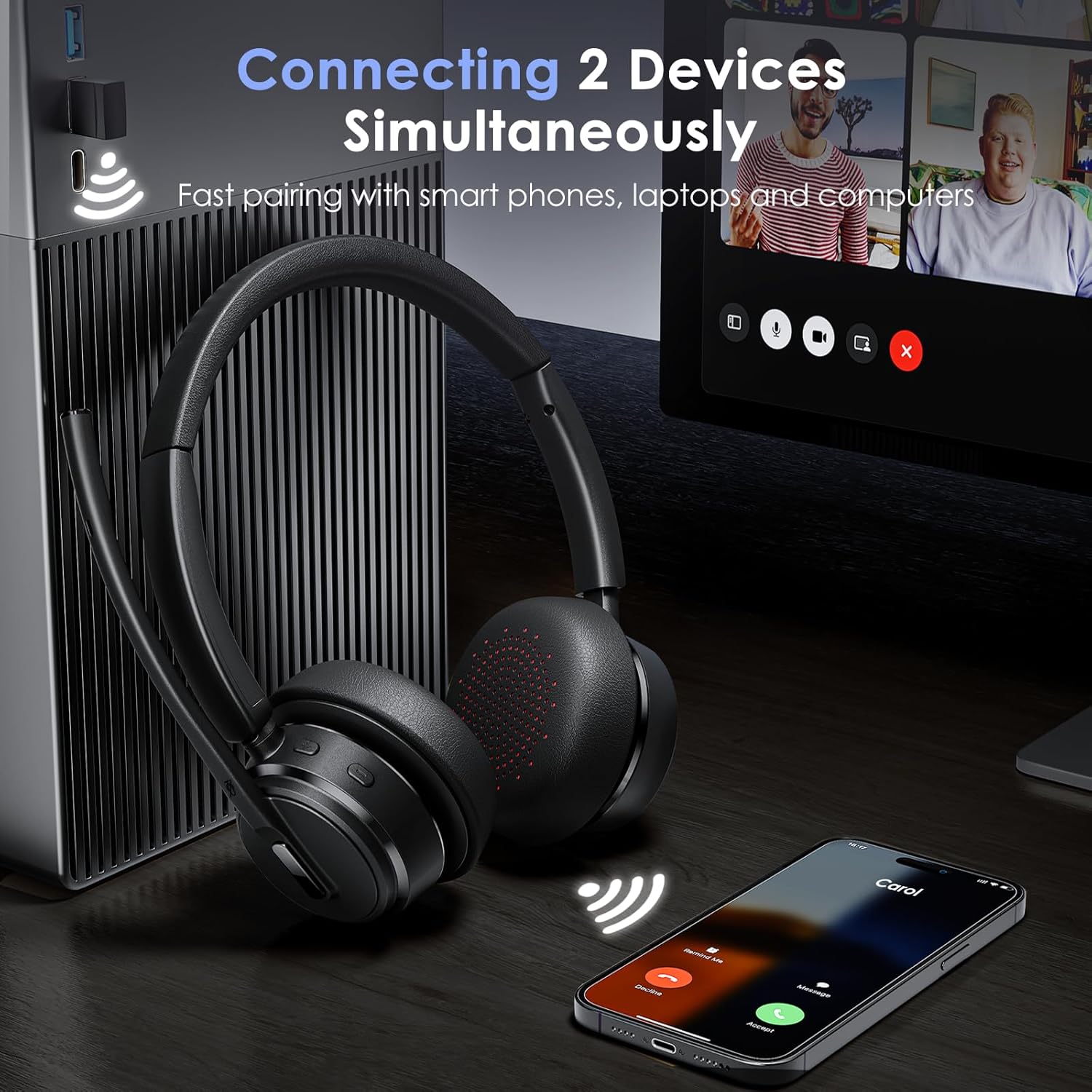 Mopchnic Wireless Headset with Noise Cancelling Microphone, On-Ear Bluetooth Headset with USB Dongle, Mute Function & Charging Base, Wireless Headphones for Work from Home and Call Center (Black) - Image 4