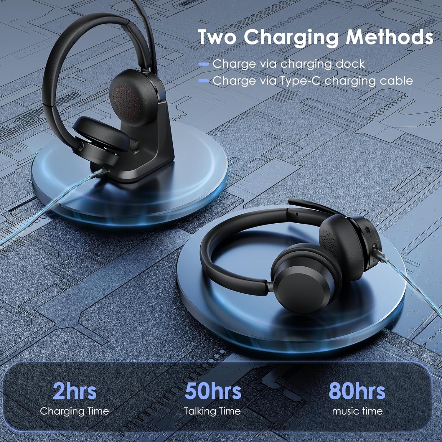 Mopchnic Wireless Headset with Noise Cancelling Microphone, On-Ear Bluetooth Headset with USB Dongle, Mute Function & Charging Base, Wireless Headphones for Work from Home and Call Center (Black) - Image 6